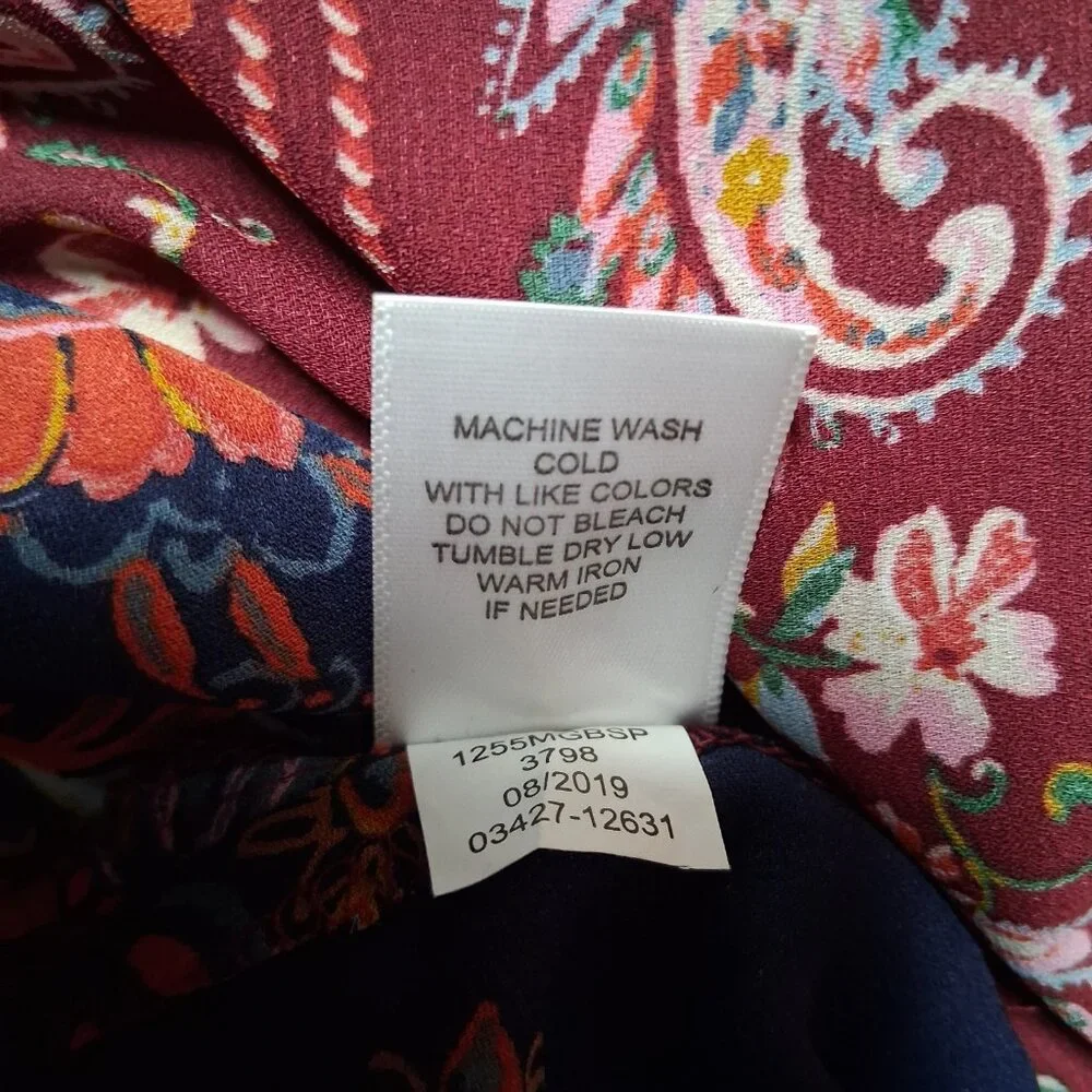 Dressbarn Blouse XL Maroon Blue Paisley Floral Tapestry Semi Sheer Long Sleeve - Picture 7 of 16